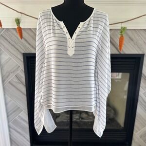 White House Black Market Blouse Striped Lace‎ Up Long Sleeve Top XS